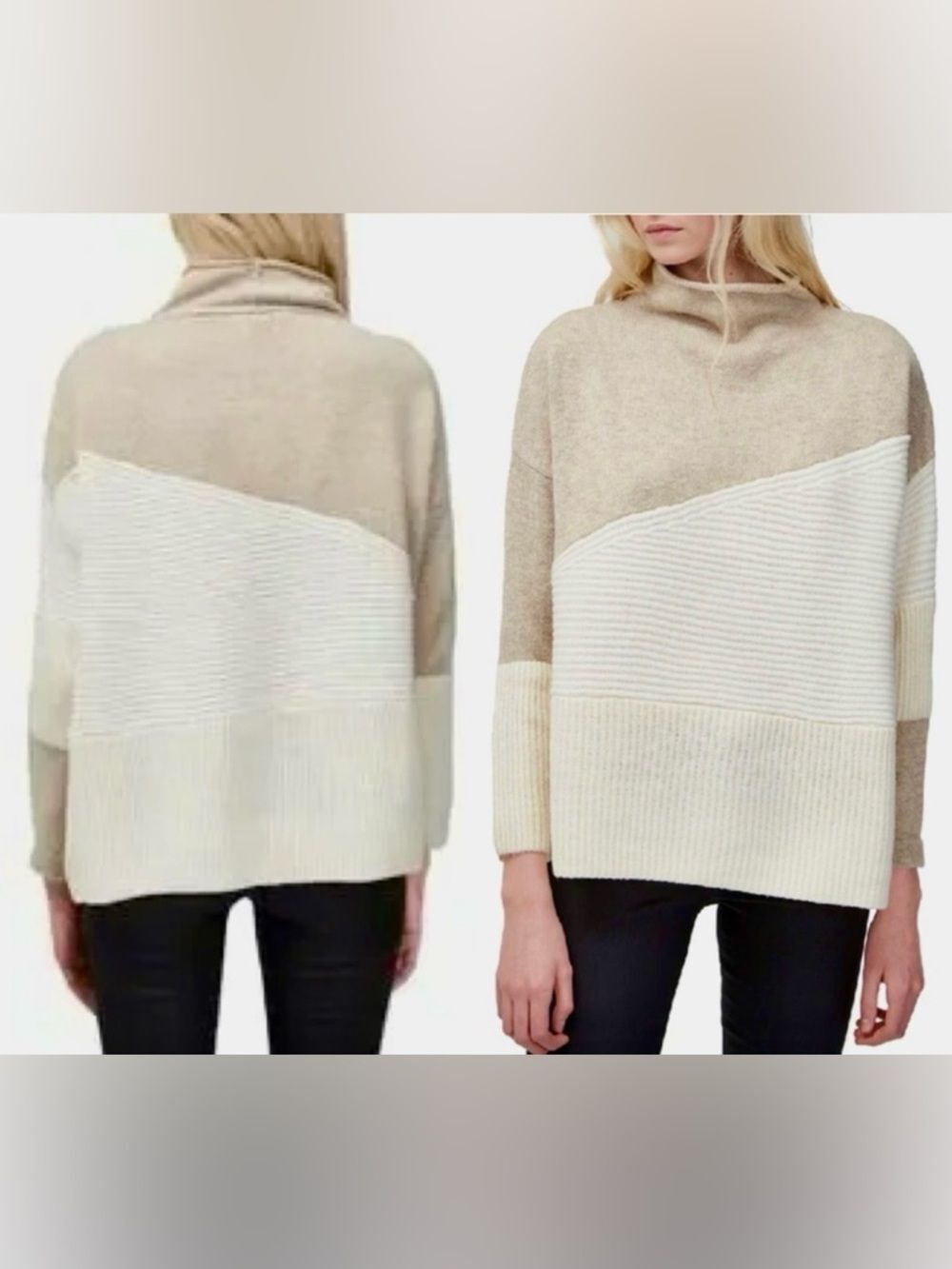 French Connection Cream and Beige Colorblock Funnel Neck Sweater